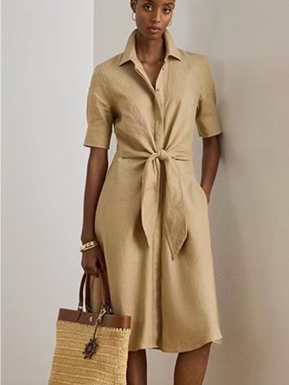 NWT Ralph Lauren Beige Tie-Front Midi Shirt Dress Size 8 - Picture 5 of 16